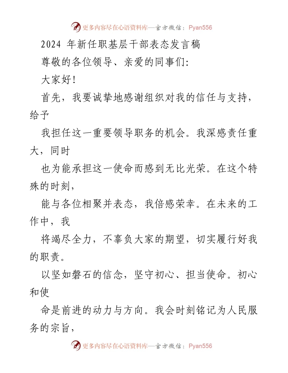 [发言] 新任职干部表态 - 2024年新任职基层干部的责任与使命宣言.docx_第1页