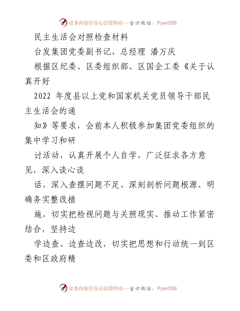 [发言] 民主生活会 - 2022年度党员领导干部民主生活会对照检查材料_1.docx_第1页
