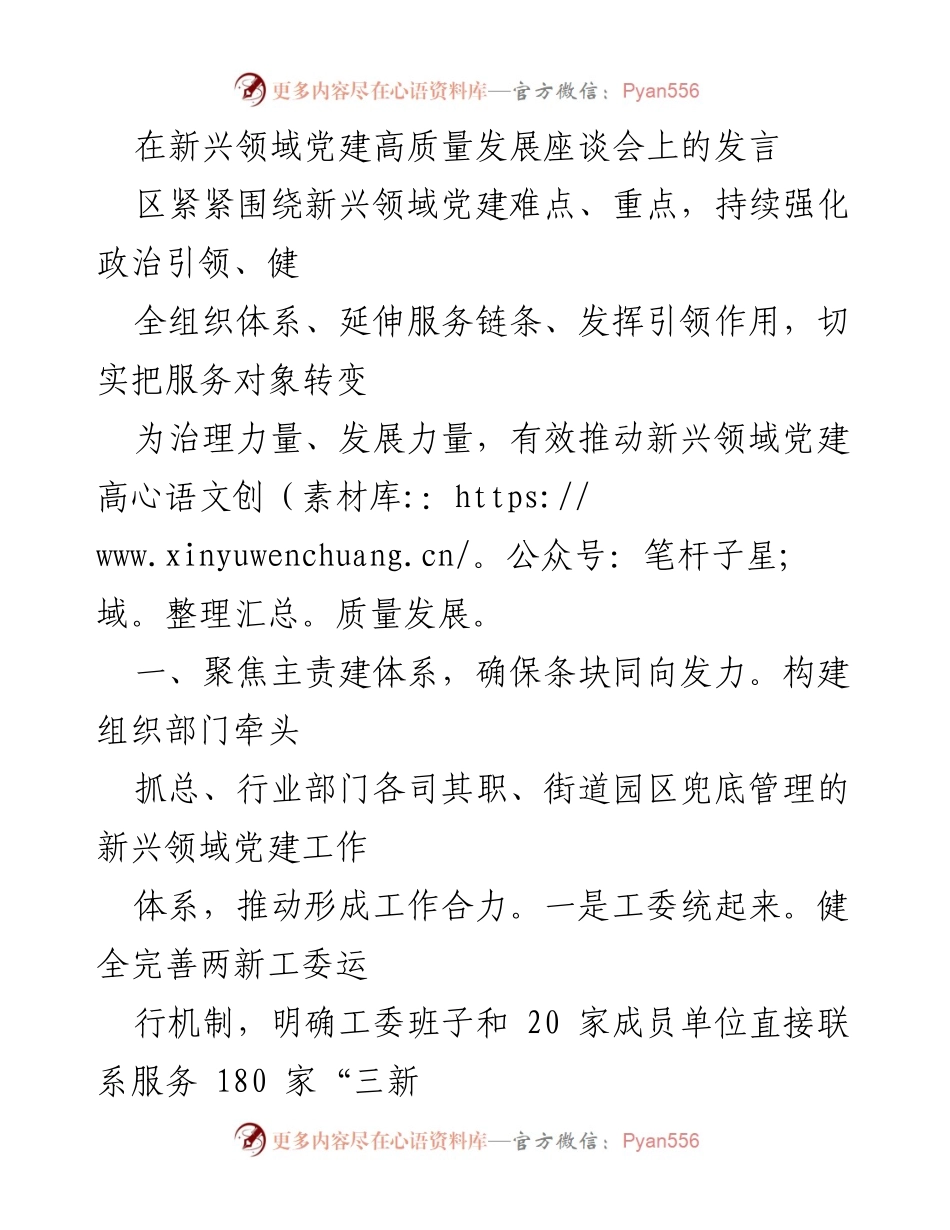 [发言] 新兴领域党建高质量发展座谈会 - 加强新兴领域党建工作体系建设，推动高质量发展.docx_第1页