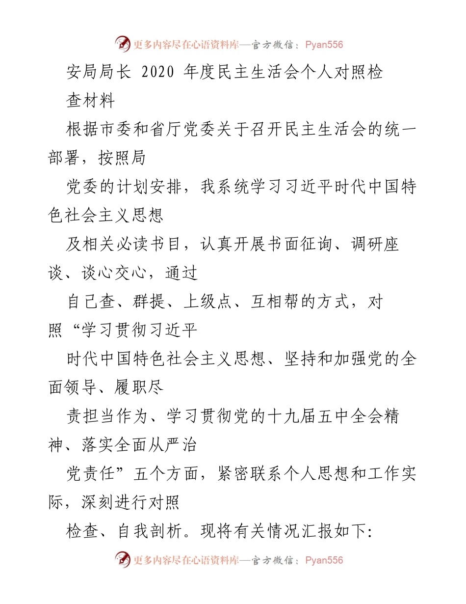 [发言] 民主生活会 - 2020年度安局局长个人对照检查材料总结.docx_第1页