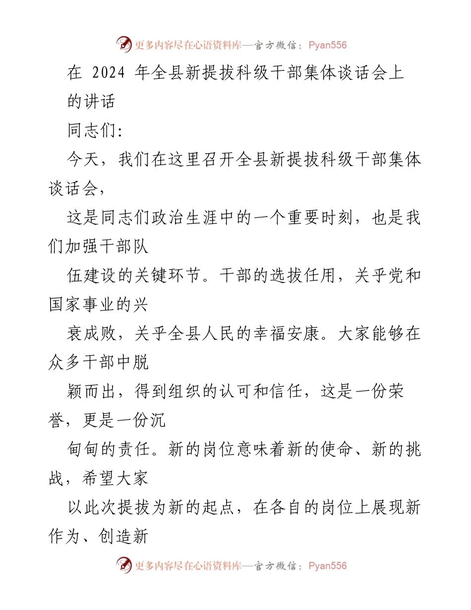 [发言] 新提拔科级干部集体谈话会 - 新起点、新使命：新提拔科级干部的责任与担当.docx_第1页