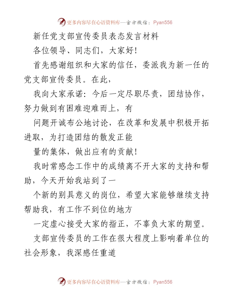 [发言] 新任党支部宣传委员就职 - 新任宣传委员的承诺与工作规划.docx_第1页
