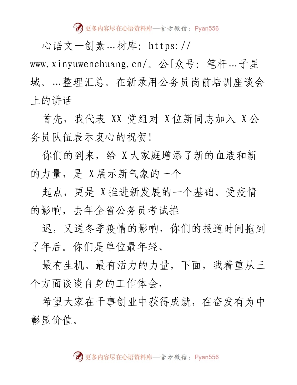 [发言] 新录用公务员岗前培训座谈会 - 新同志的成长与责任：公务员培训座谈会讲话.docx_第1页