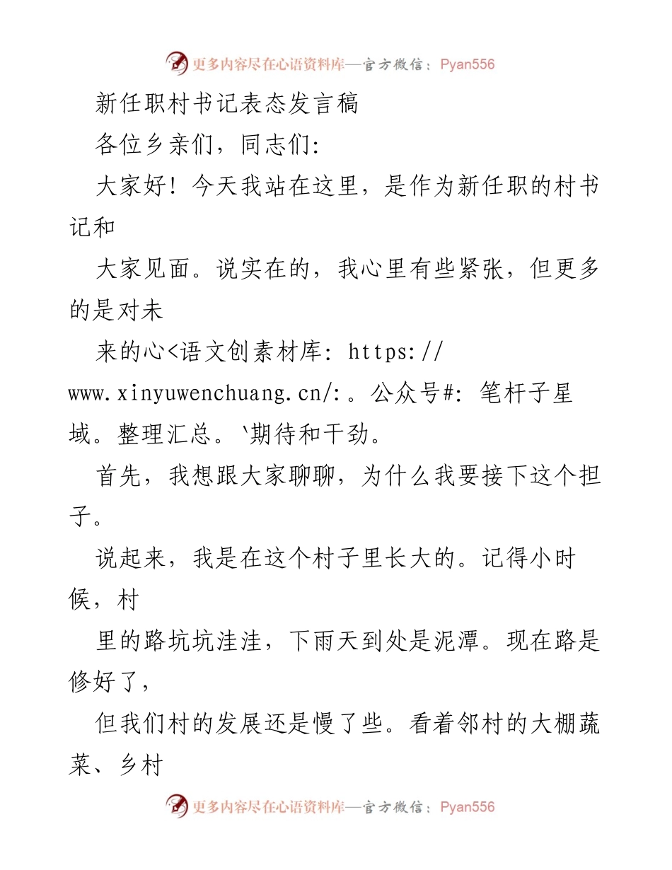 [发言] 村书记就职 - 新任村书记的工作展望与发展计划.docx_第1页