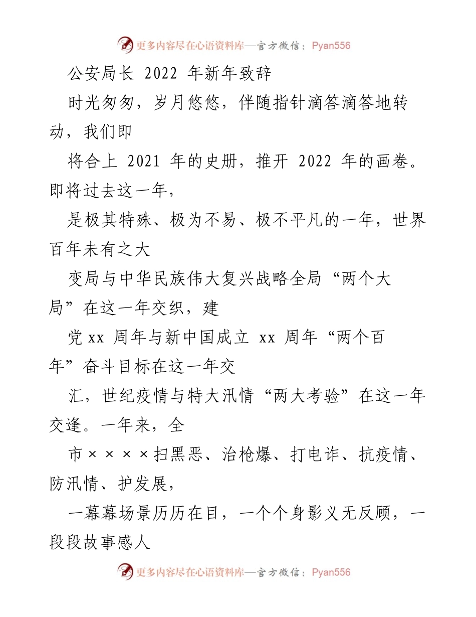 [发言] 新年致辞 - 公安局长2022年新年致辞：回顾过去，展望未来.docx_第1页