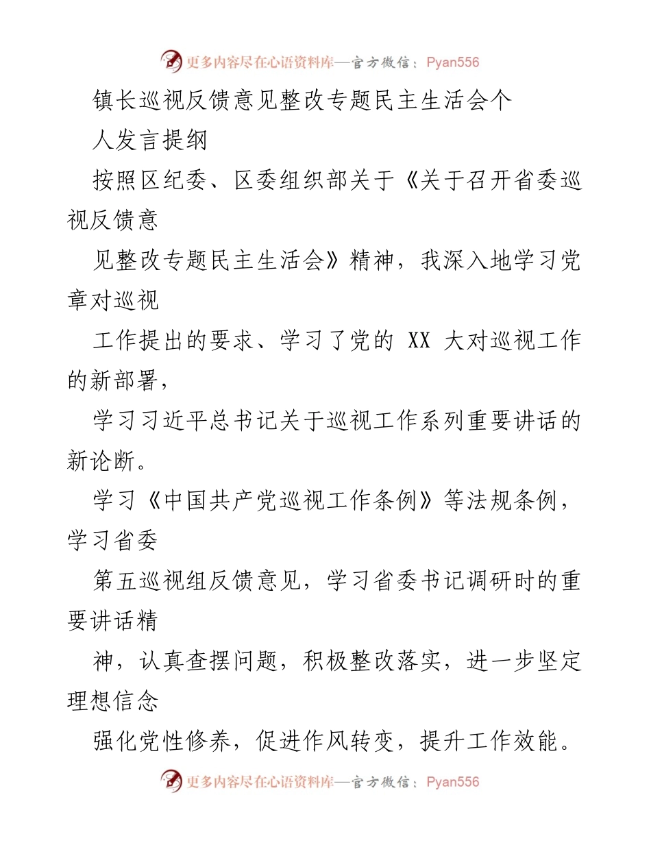 [发言] 民主生活会 - 巡视反馈整改中的自我剖析与反思.docx_第1页