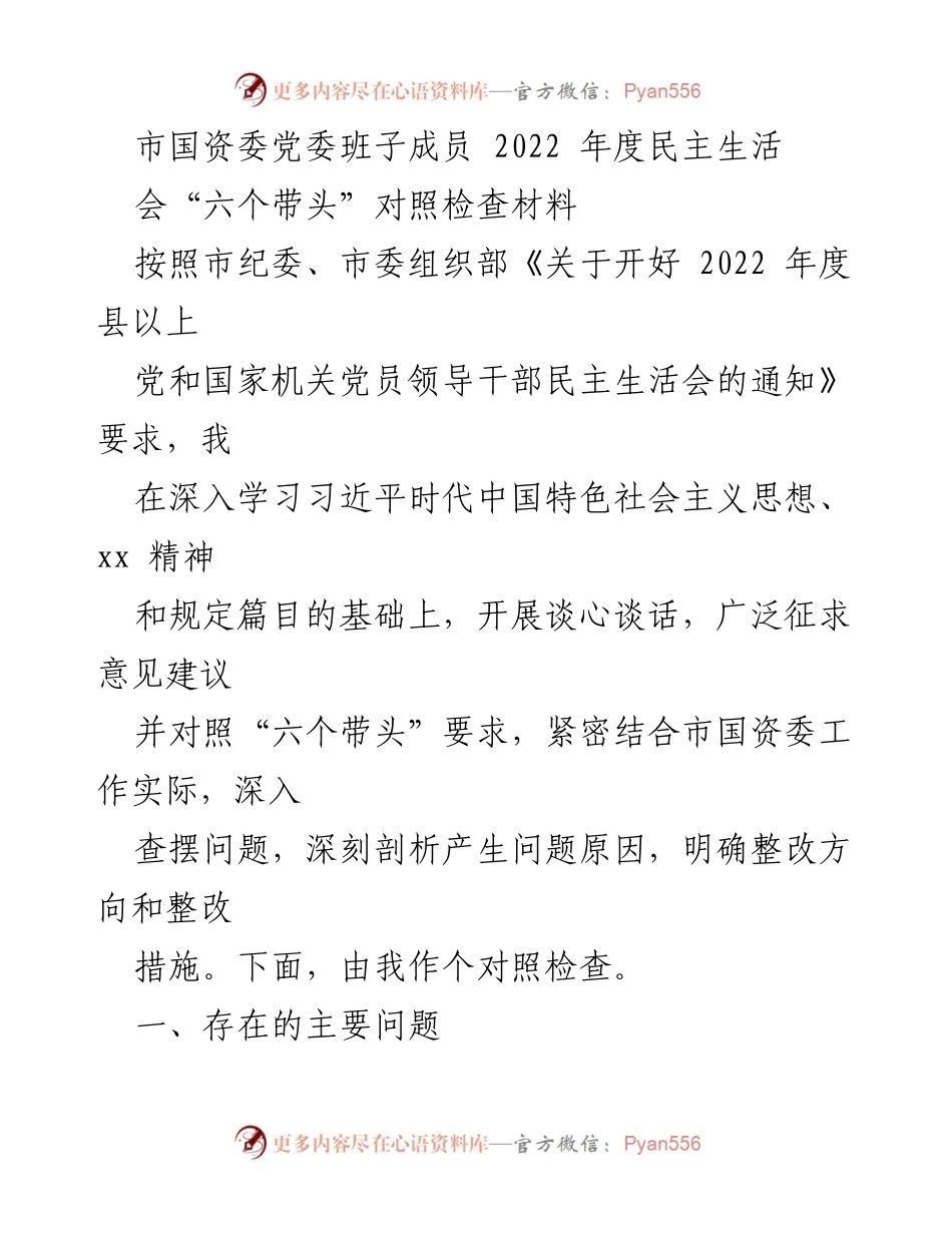 [发言] 民主生活会 - 2022年度市国资委党委班子成员民主生活会对照检查材料.docx_第1页