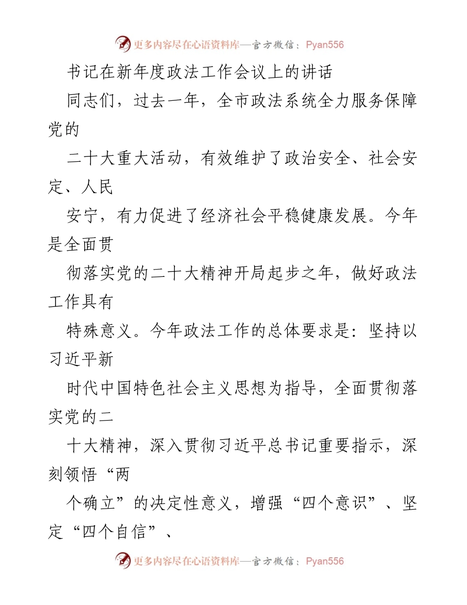 [发言] 新年度政法工作会议 - 加强政治建设与风险防范，推动政法工作现代化.docx_第1页