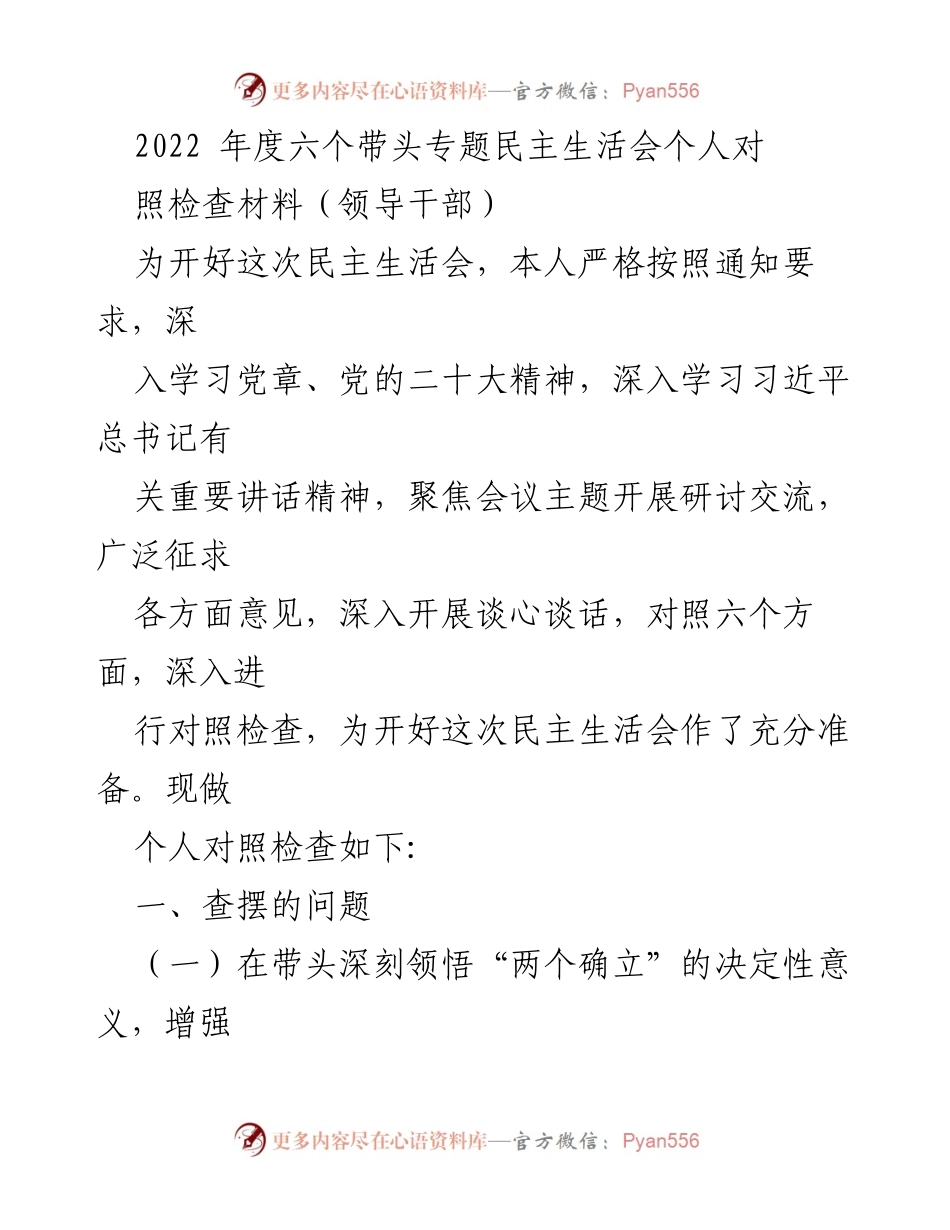 [发言] 民主生活会 - 2022年度领导干部对照检查材料总结.docx_第1页