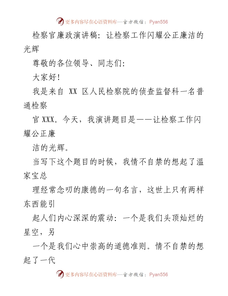 [发言] 检察官廉政主题演讲 - 检察工作中的公正与廉洁之光.docx_第1页