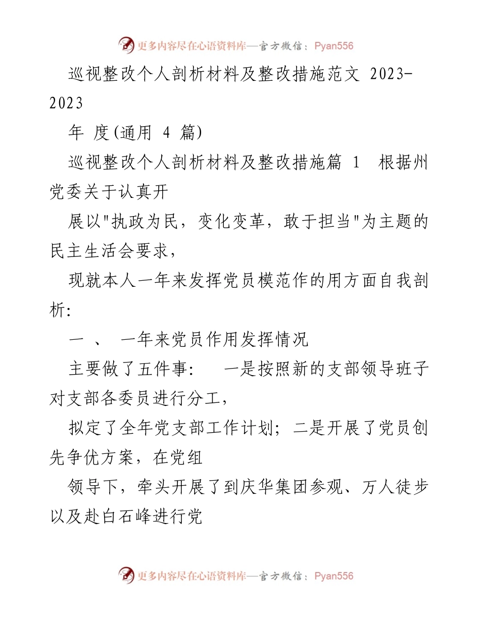 [发言] 民主生活会 - 巡视整改个人剖析与整改措施总结.docx_第1页