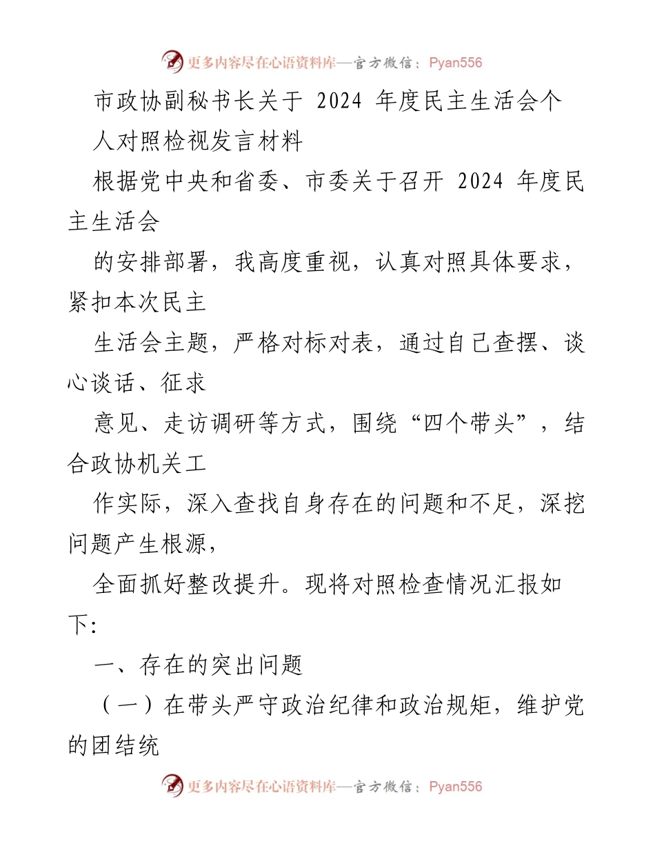 [发言] 民主生活会 - 市政协副秘书长2024年度个人对照检视发言材料.docx_第1页