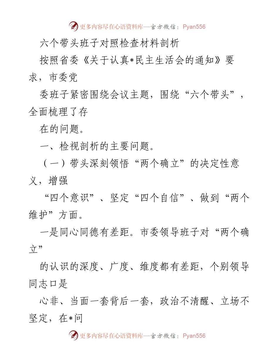 [发言] 民主生活会 - 六个带头班子对照检查材料剖析.docx_第1页