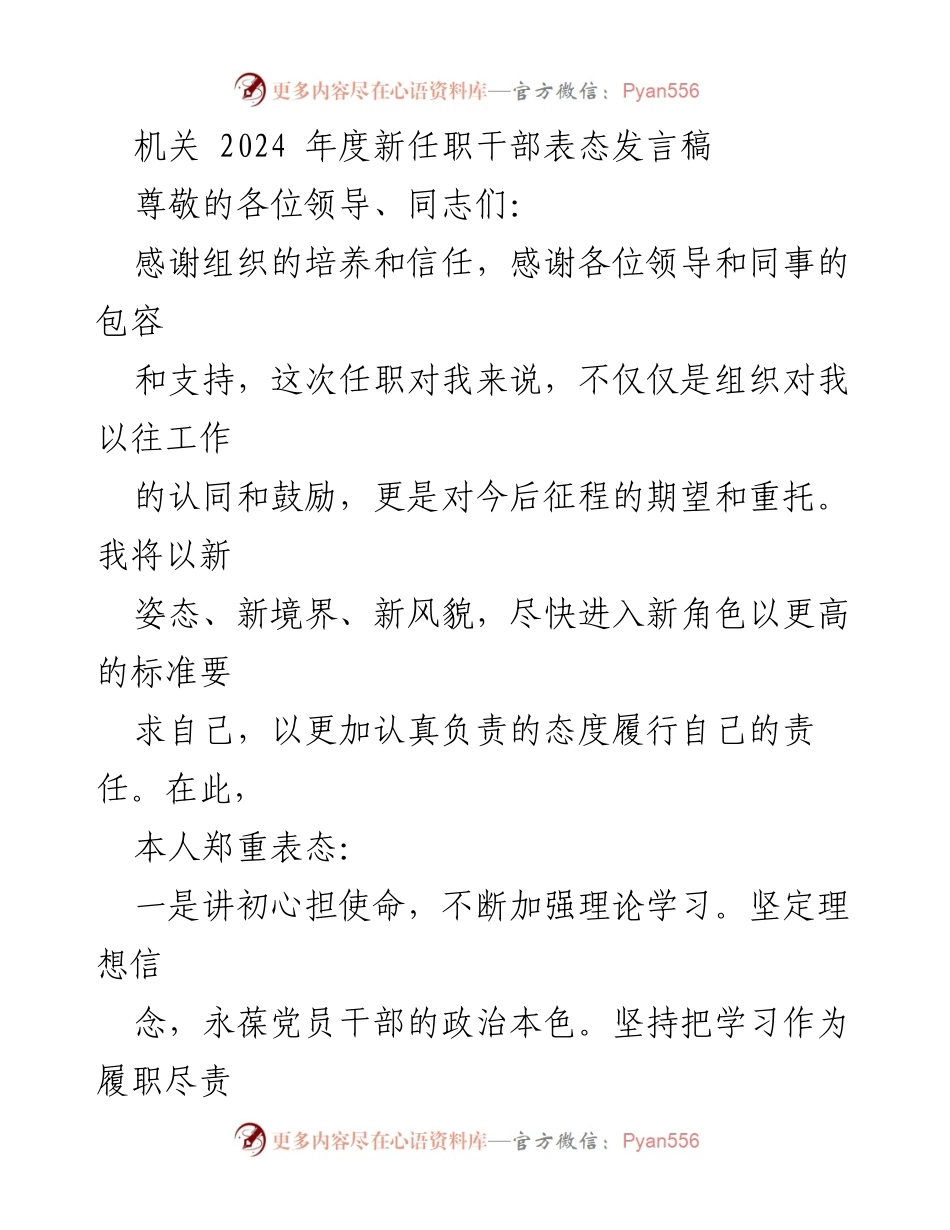 [发言] 新任职干部表态 - 2024年度新任职干部的责任与承诺.docx_第1页
