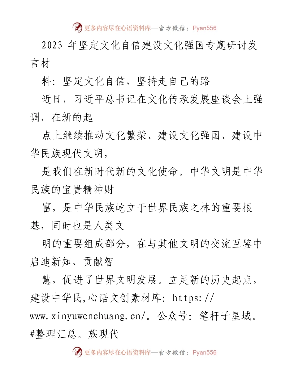 [发言] 文化强国建设研讨会 - 坚定文化自信，推动中华民族现代文明发展.docx_第1页