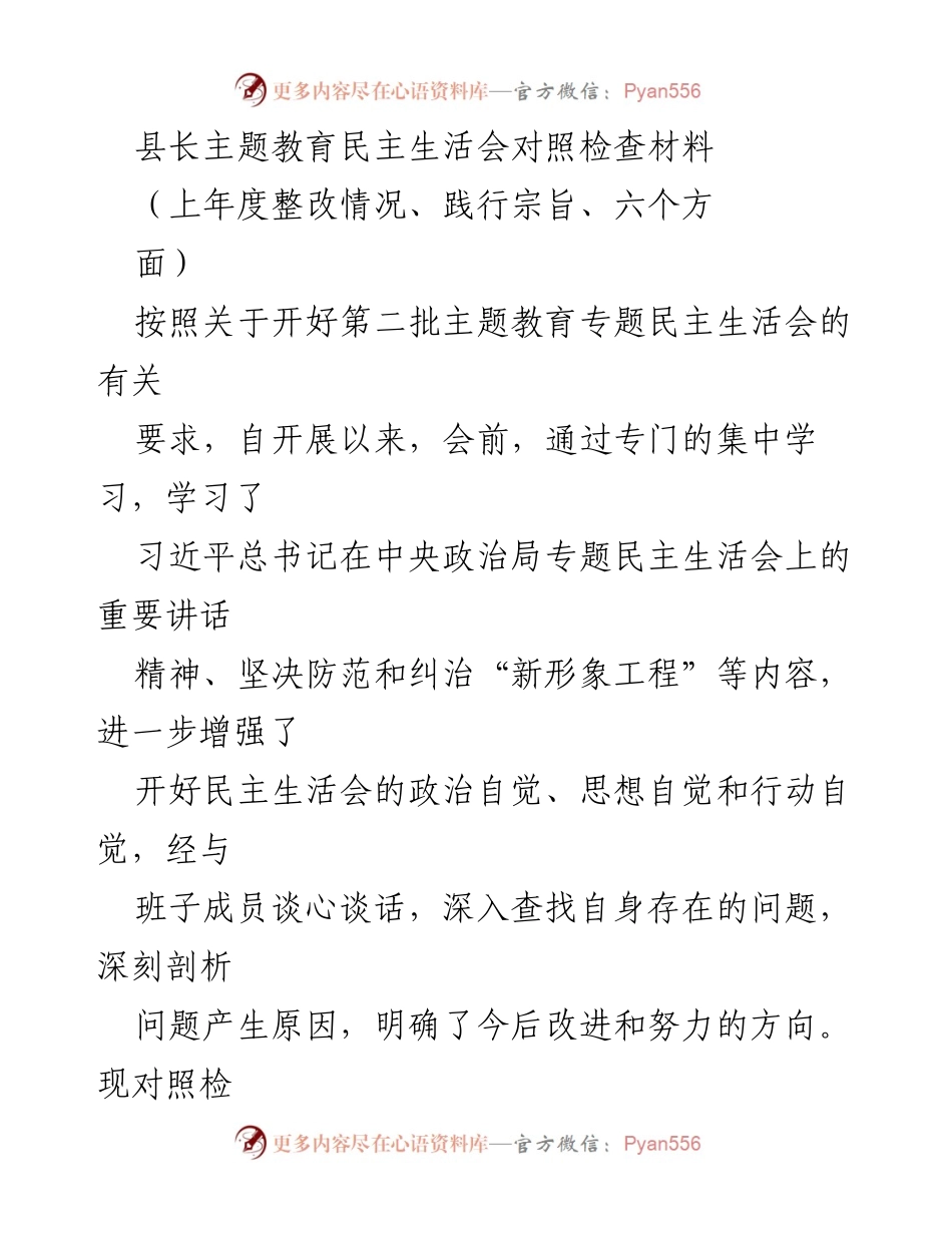 [发言] 民主生活会 - 县长主题教育民主生活会对照检查及整改情况报告.docx_第1页