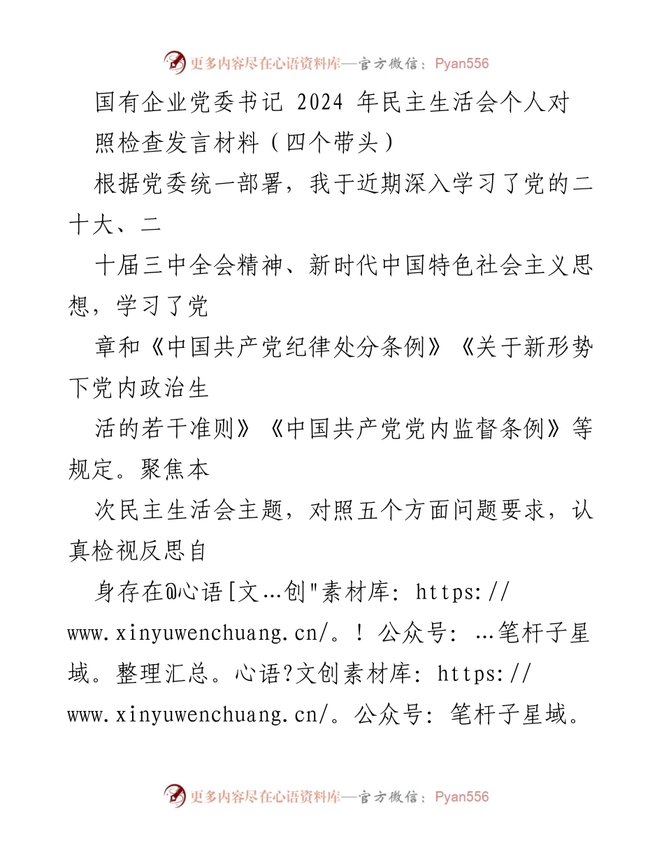 [发言] 民主生活会 - 2024年国有企业党委书记个人对照检查发言材料.docx_第1页