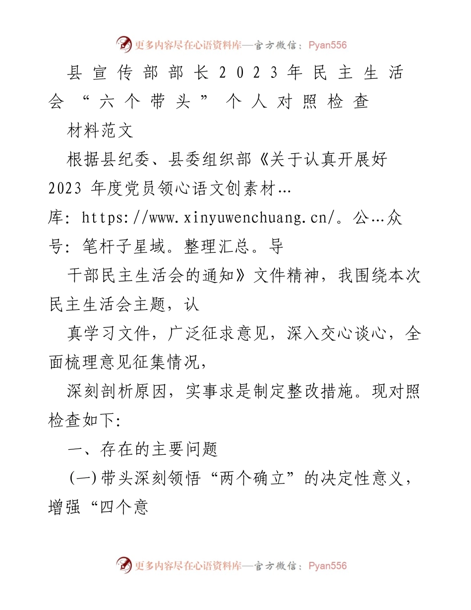 [发言] 民主生活会 - 2023年党员领导干部民主生活会个人对照检查报告.docx_第1页