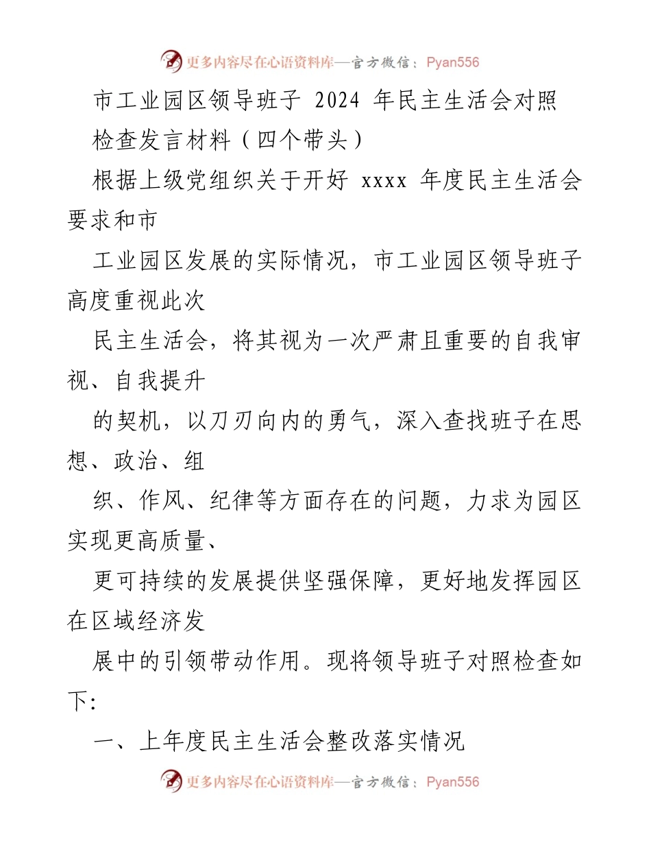 [发言] 民主生活会 - 市工业园区领导班子2024年民主生活会对照检查发言材料.docx_第1页