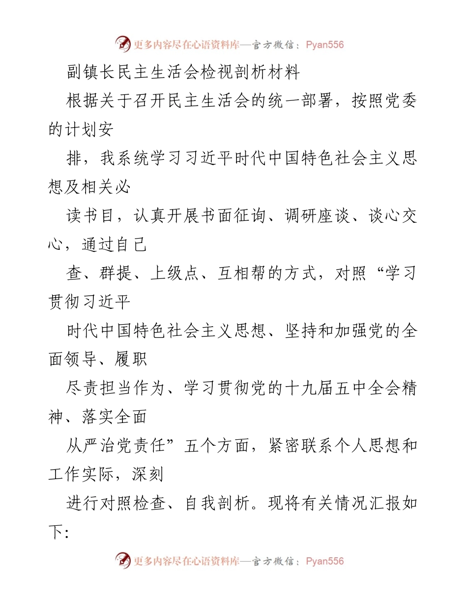 [发言] 民主生活会 - 副镇长民主生活会自我剖析报告.docx_第1页