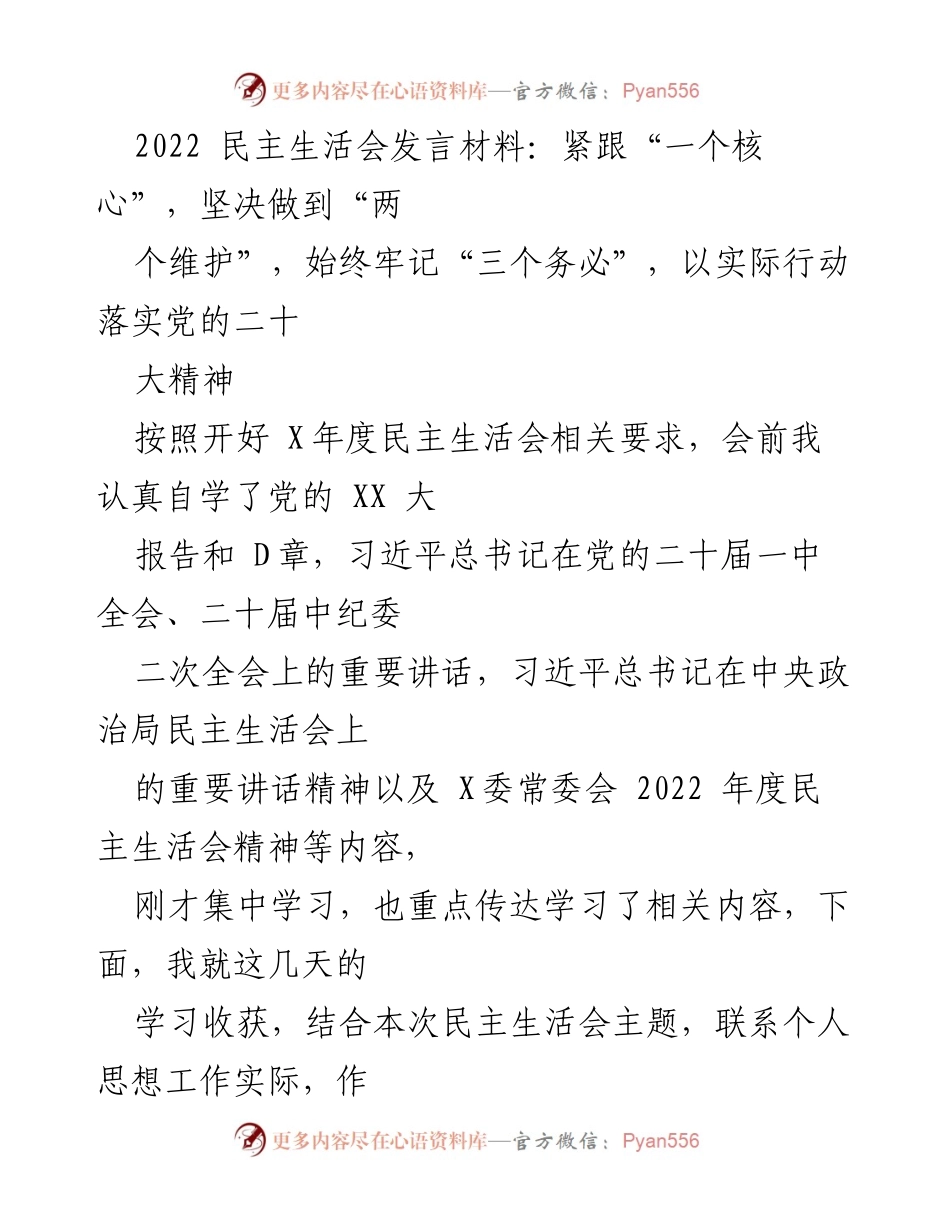 [发言] 民主生活会 - 坚持全面从严治党，落实党的二十大精神.docx_第1页