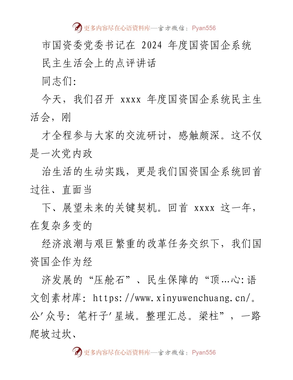 [发言] 民主生活会 - 市国资委党委书记在2024年度国资国企系统民主生活会上的点评讲话.docx_第1页