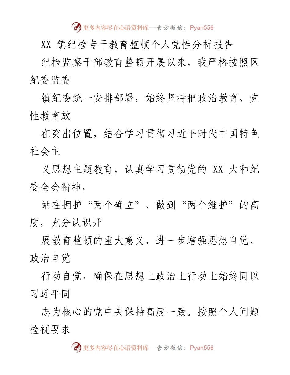 [发言] 教育整顿 - XX镇纪检专干个人党性分析报告.docx_第1页