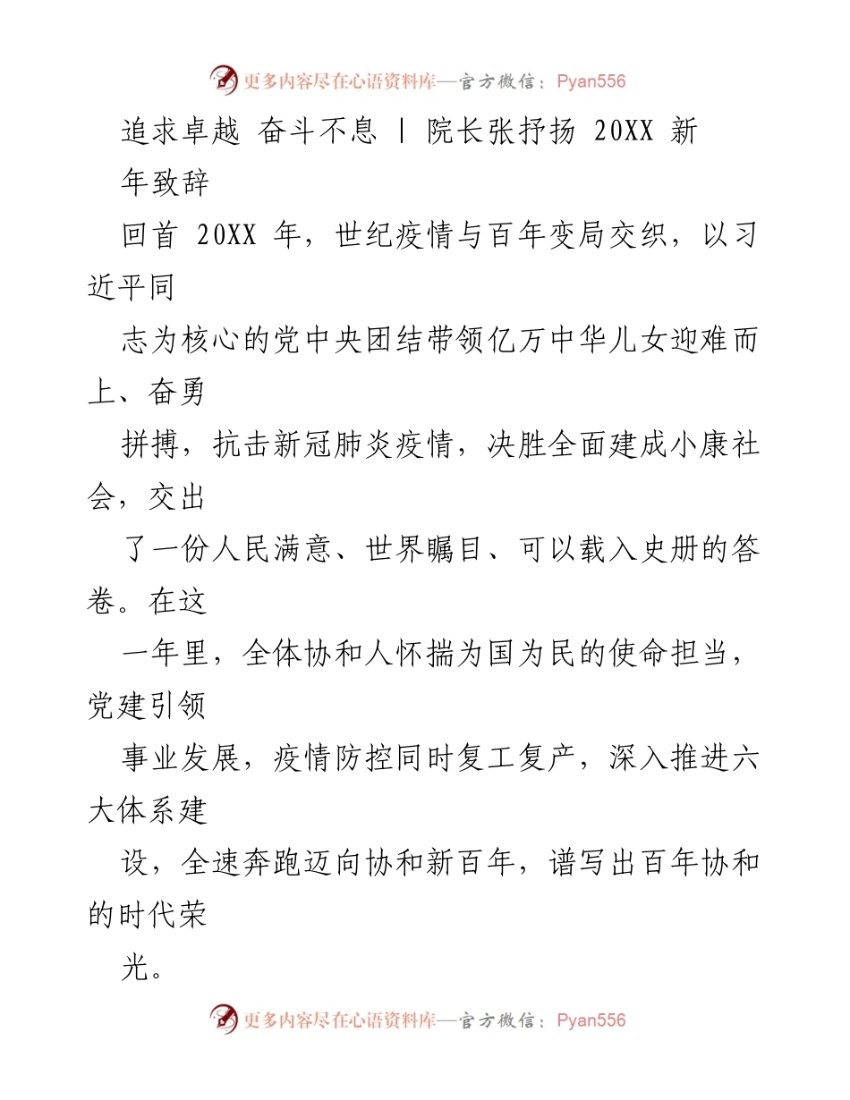 [发言] 新年致辞 - 协和院长张抒扬202X年新年致辞：追求卓越，奋斗不息.docx_第1页