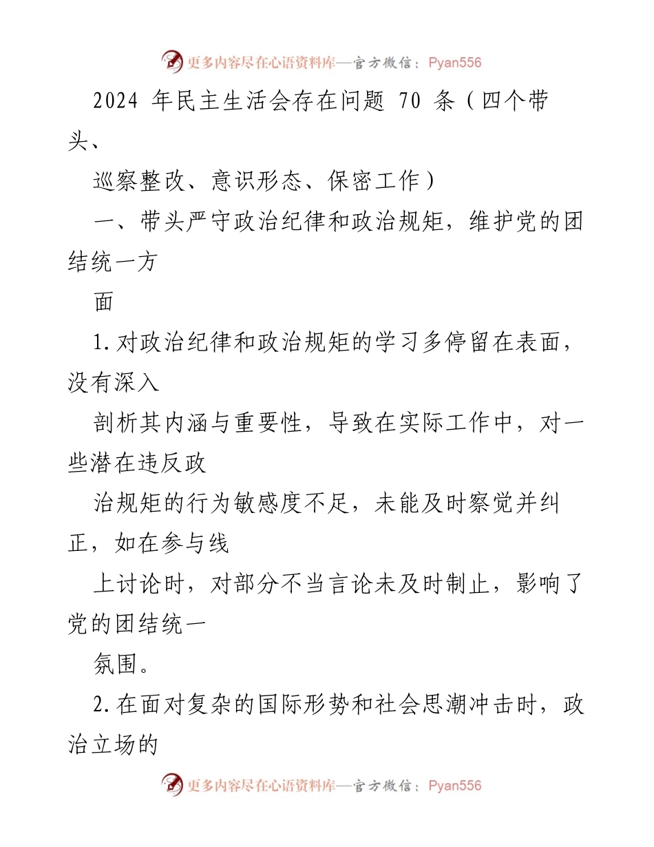 [发言] 民主生活会 - 2024年民主生活会问题分析与整改建议.docx_第1页