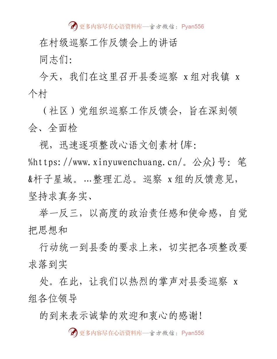 [发言] 村级巡察工作反馈会 - 深刻领会巡察反馈，切实落实整改责任.docx_第1页