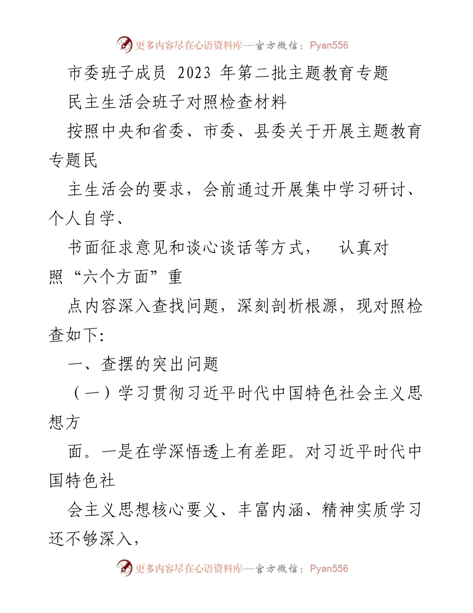 [发言] 民主生活会 - 2023年第二批主题教育专题民主生活会班子对照检查材料.docx_第1页