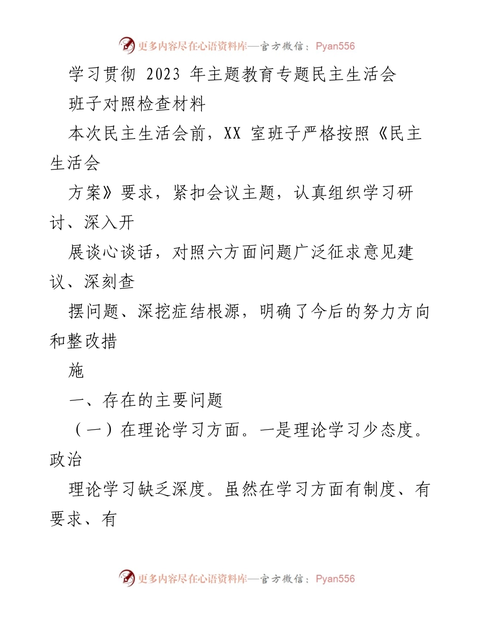 [发言] 民主生活会 - 2023年主题教育专题民主生活会班子对照检查材料.docx_第1页