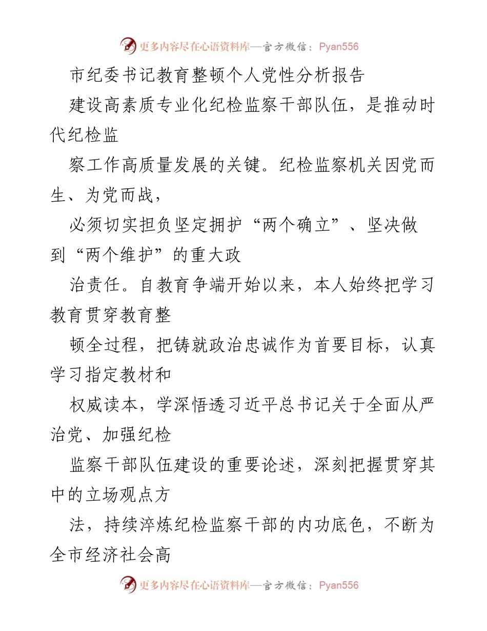 [发言] 教育整顿 - 市纪委书记个人党性分析报告.docx_第1页