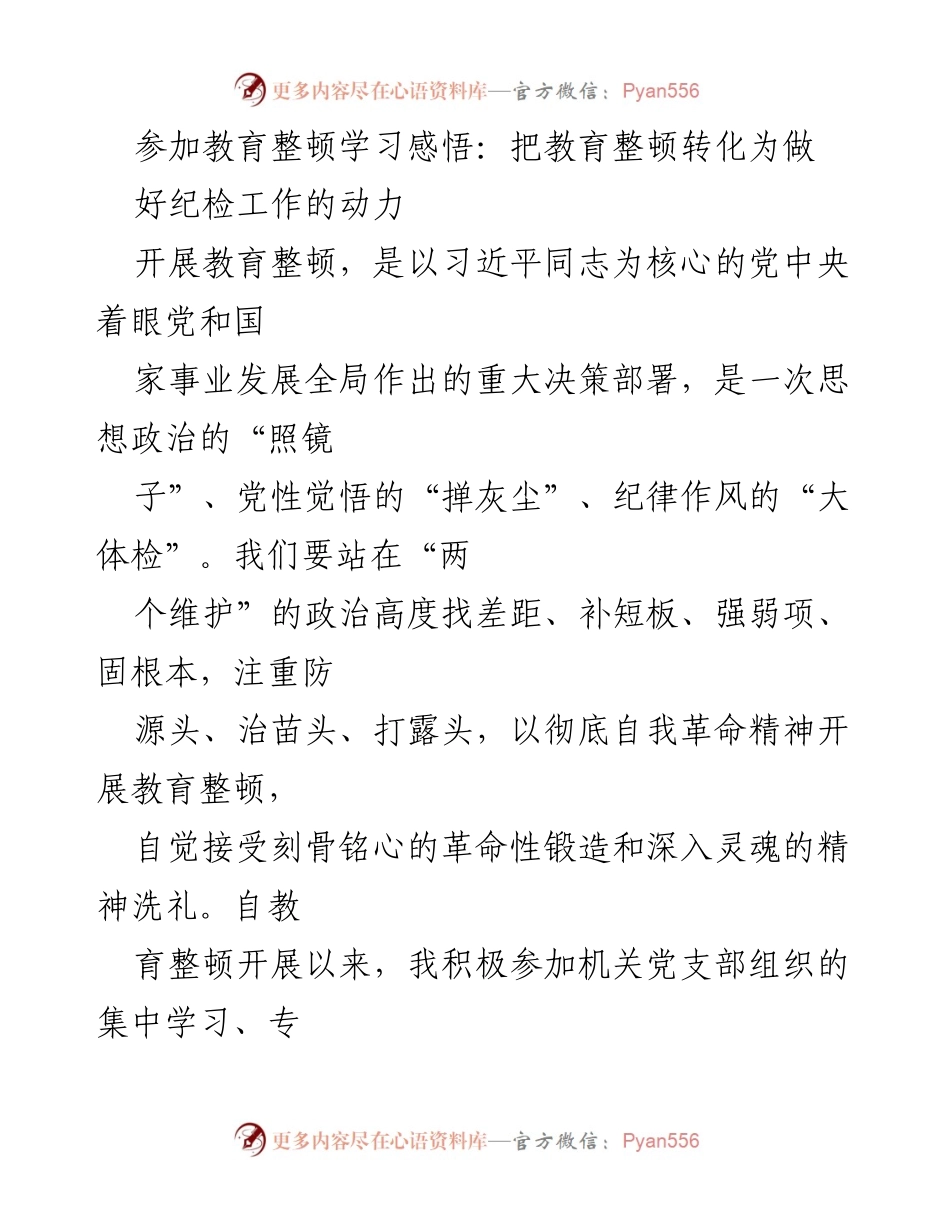[发言] 教育整顿学习分享会 - 转化教育整顿为纪检工作动力的学习感悟.docx_第1页