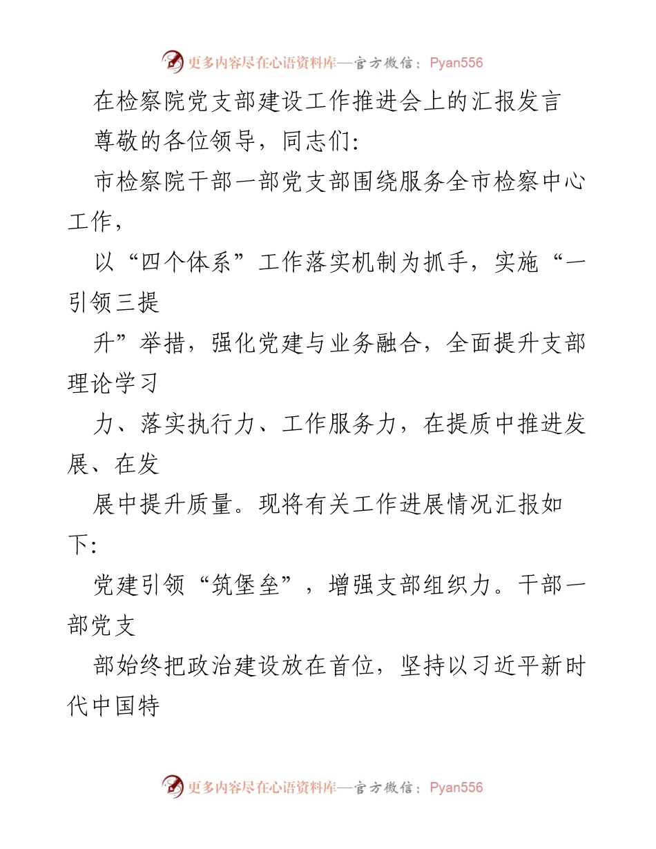 [发言] 检察院党支部建设工作推进会 - 加强党建引领，提升检察院党支部建设质量.docx_第1页