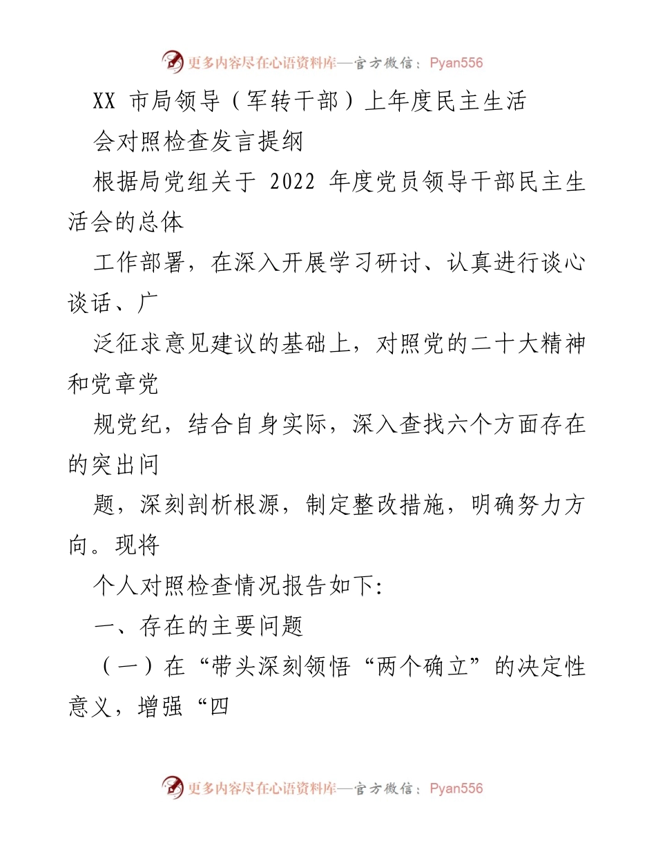 [发言] 民主生活会 - XX市局领导年度对照检查发言提纲.docx_第1页