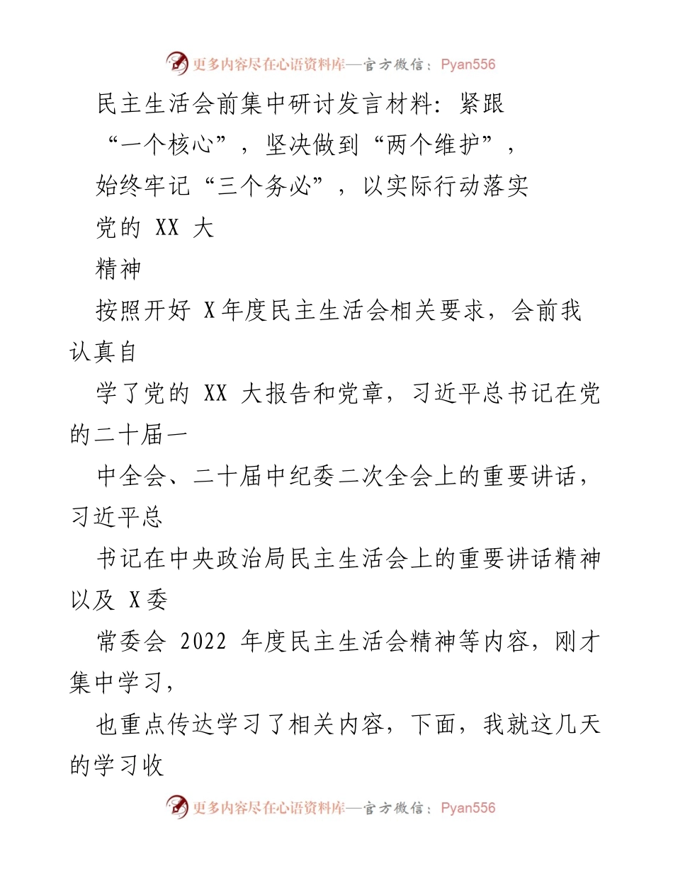 [发言] 民主生活会 - 坚持党的核心价值，推动全面从严治党新篇章.docx_第1页