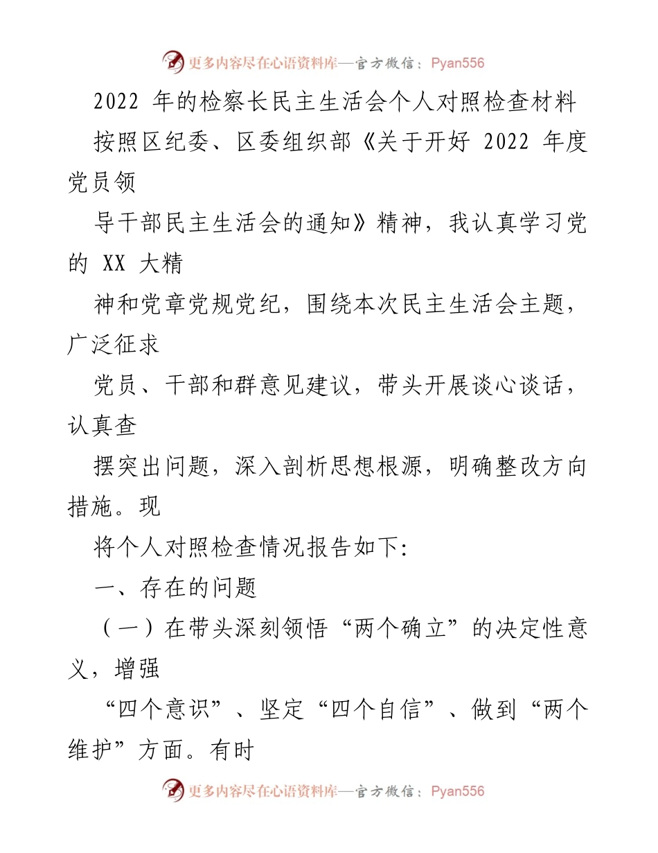[发言] 检察长民主生活会 - 2022年度个人对照检查报告.docx_第1页