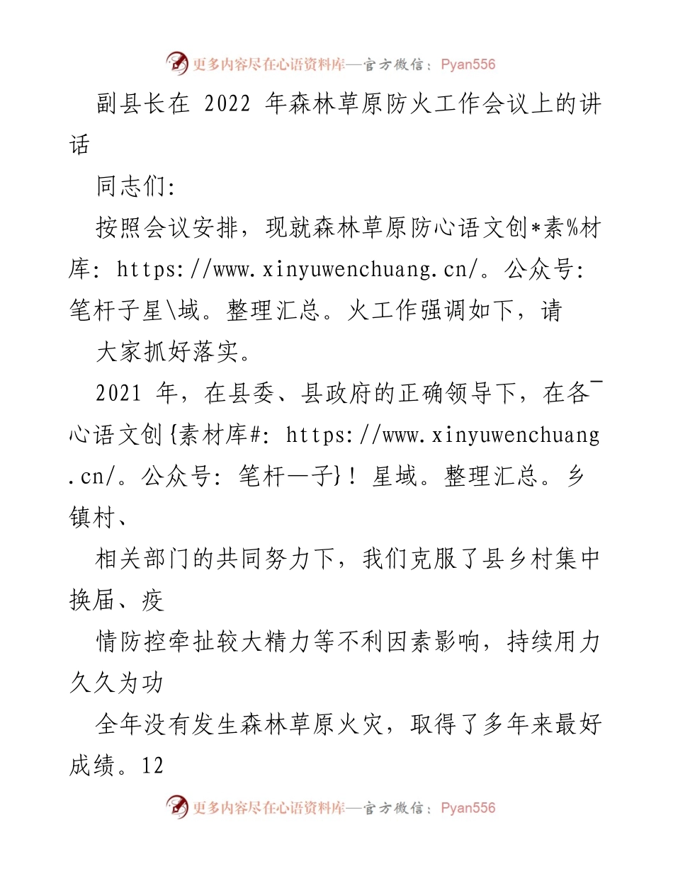 [发言] 森林草原防火工作会议 - 副县长强调2022年森林草原防火工作重要性与责任.docx_第1页