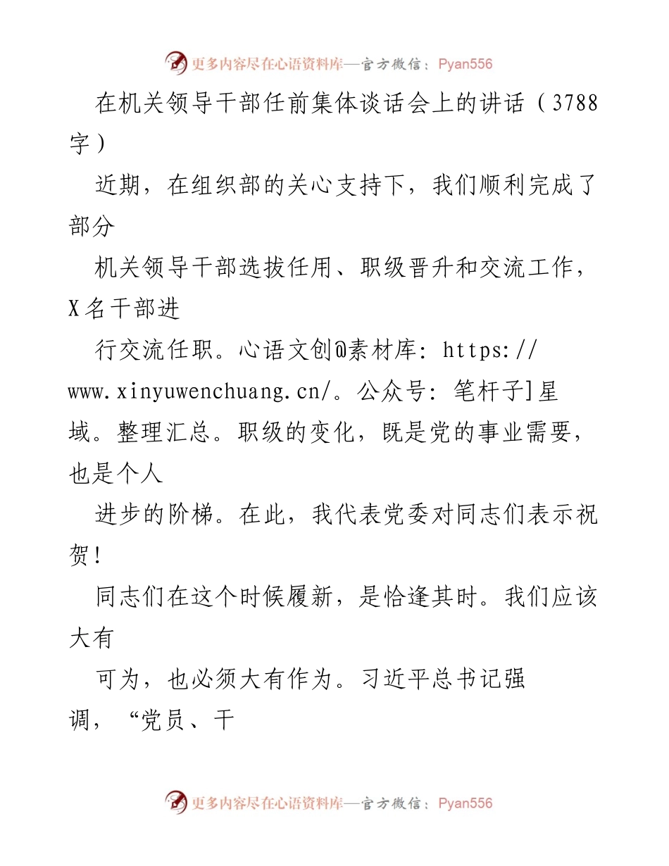 [发言] 机关领导干部任前集体谈话会 - 旗帜鲜明讲政治，增强干部责任意识.docx_第1页