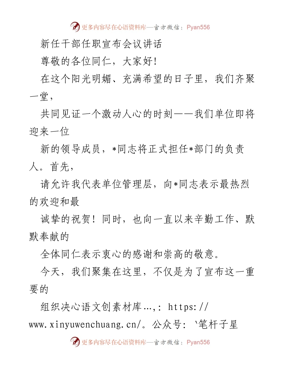 [发言] 新任干部任职宣布会议 - 欢迎新领导，展望未来发展.docx_第1页