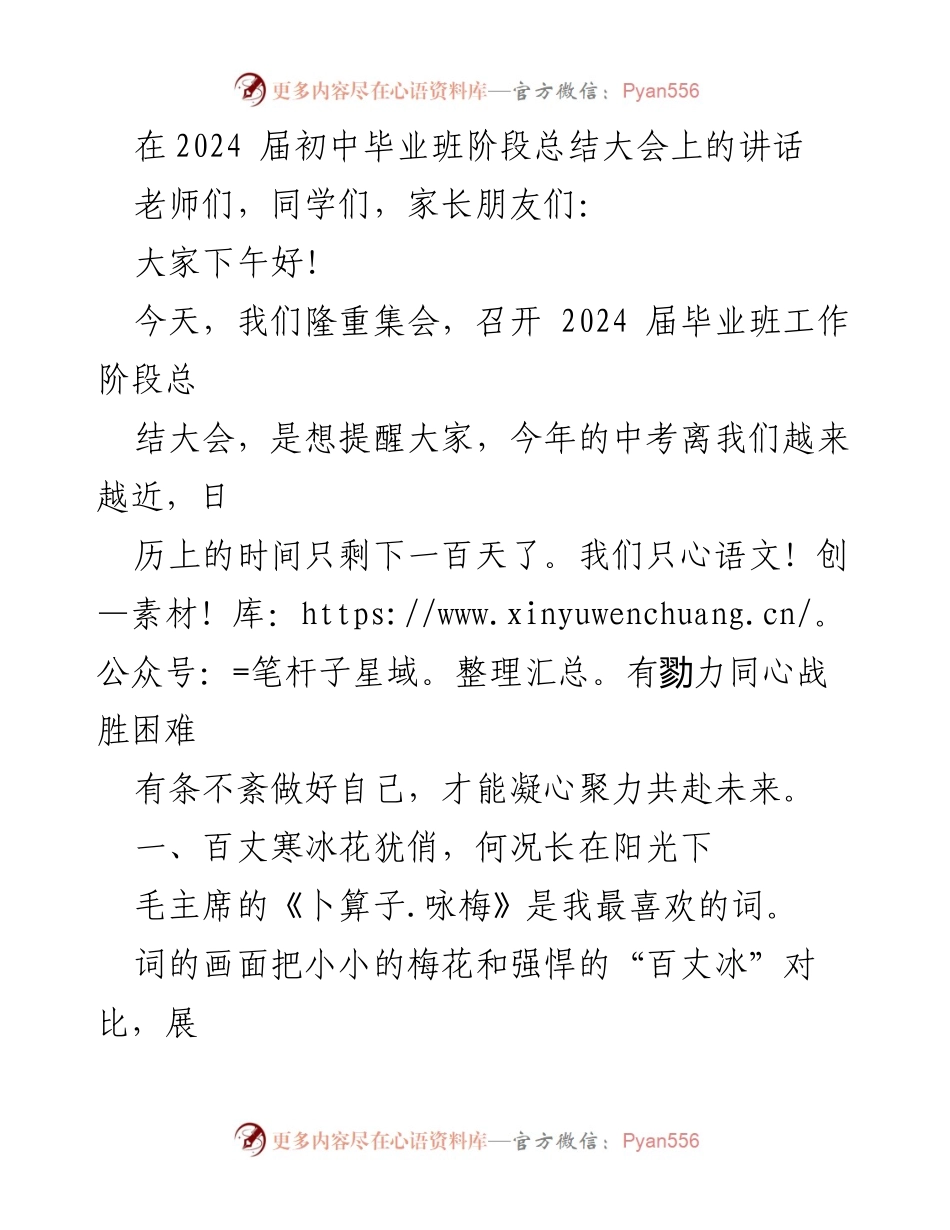 [发言] 毕业班总结大会 - 勇攀高峰，携手共进：2024届中考冲刺动员讲话.docx_第1页
