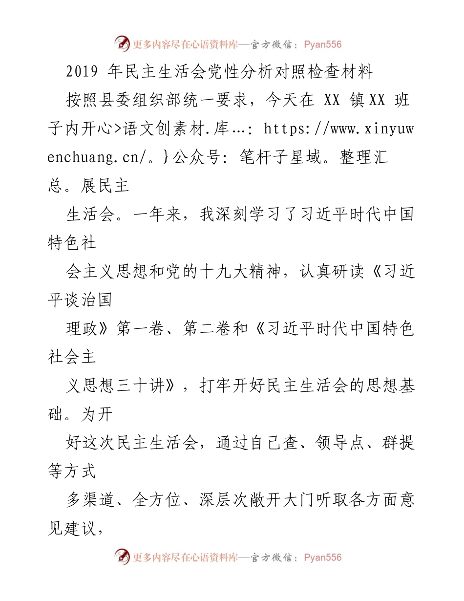 [发言] 民主生活会 - 2019年民主生活会党性分析与整改措施报告.docx_第1页