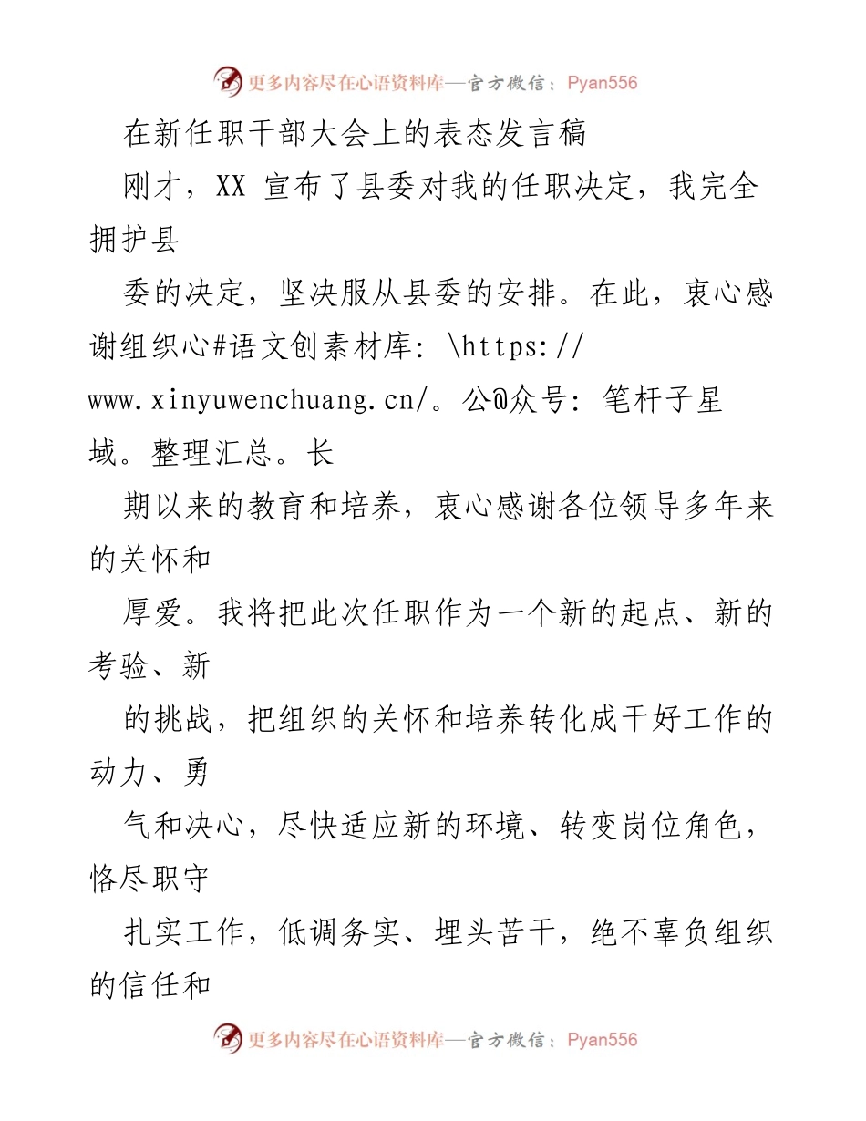 [发言] 新任职干部大会 - 新任职干部的表态发言与工作承诺.docx_第1页