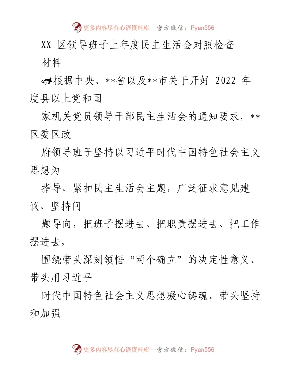 [发言] 民主生活会 - XX区领导班子2022年度民主生活会对照检查总结.docx_第1页