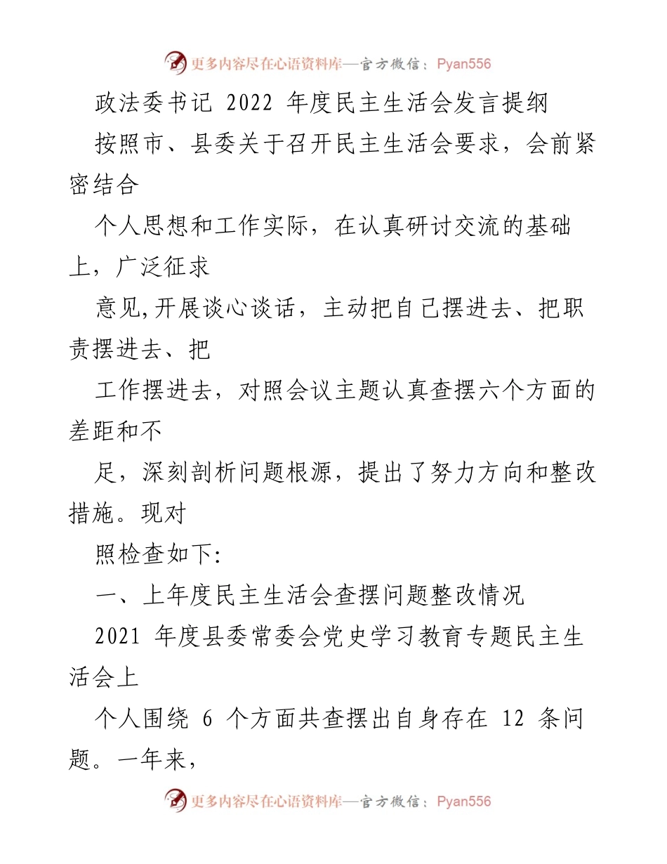 [发言] 民主生活会 - 2022年度政法委书记民主生活会发言提纲.docx_第1页