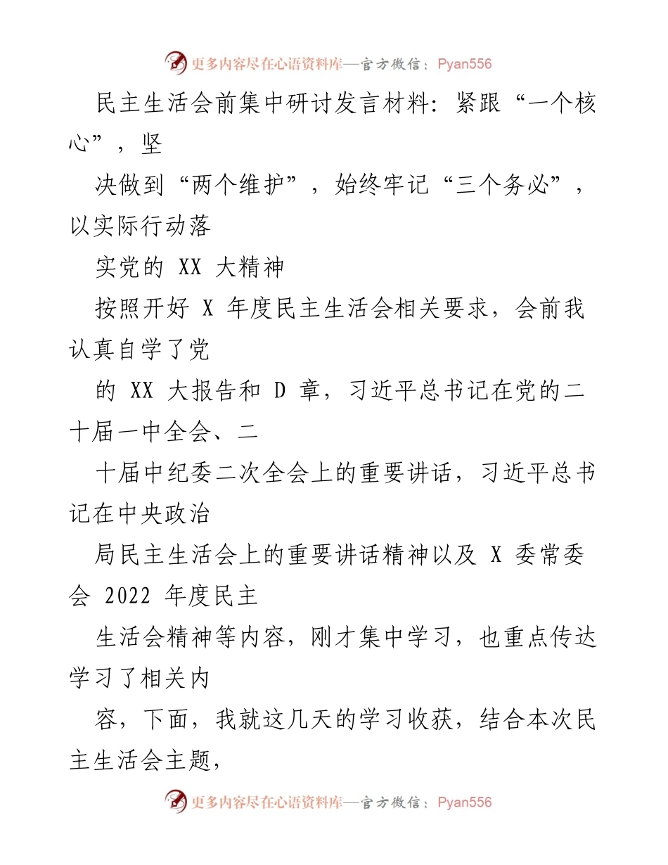 [发言] 民主生活会 - 坚持党的核心理念，推动全面从严治党新篇章.docx_第1页