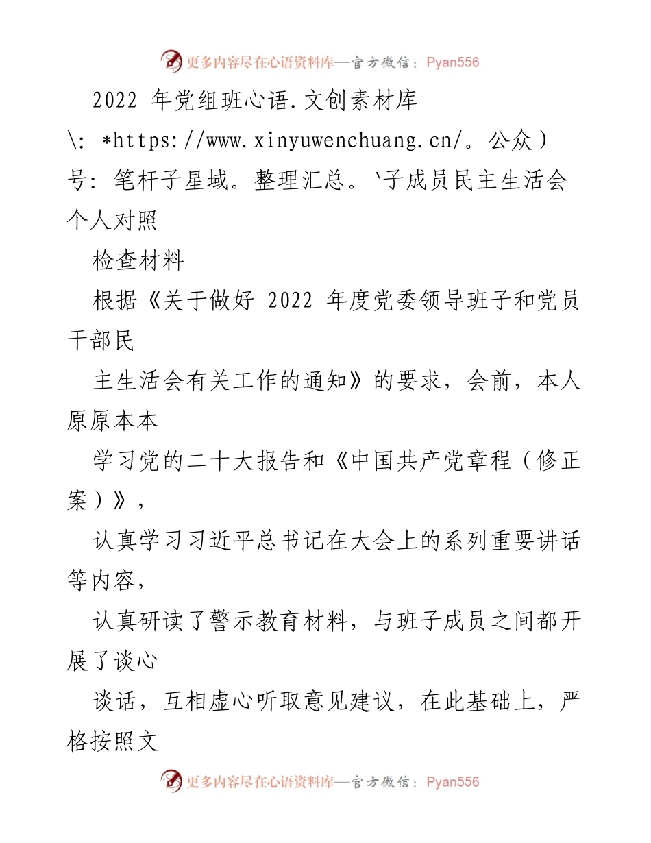 [发言] 民主生活会 - 2022年党组班子成员个人对照检查材料分析.docx_第1页