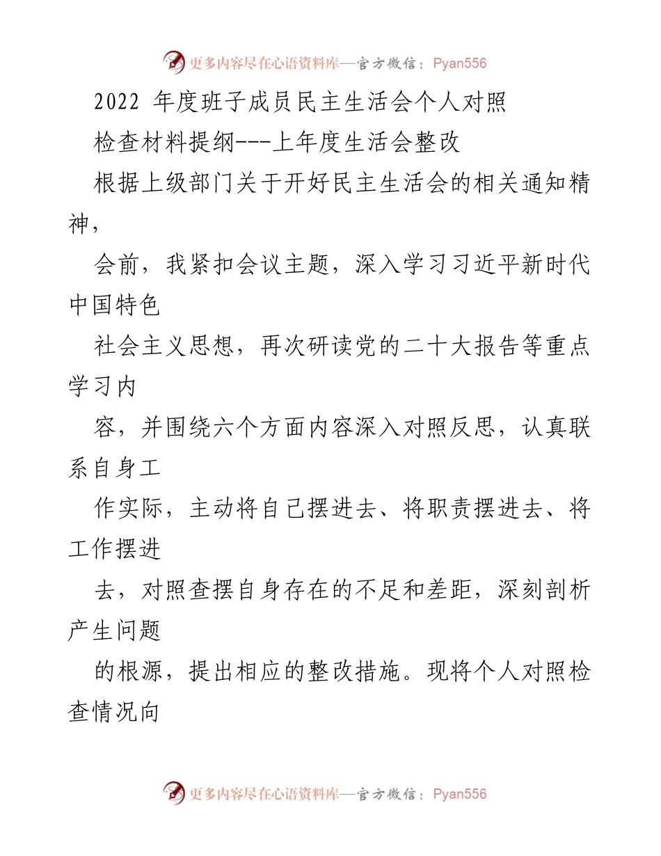 [发言] 民主生活会 - 2022年度班子成员民主生活会个人对照检查汇报.docx_第1页