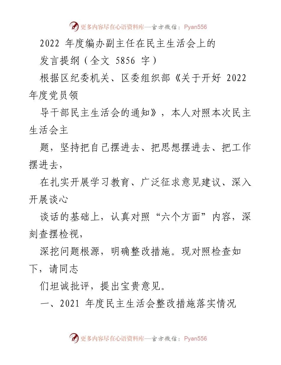 [发言] 民主生活会 - 2022年度编办副主任民主生活会发言提纲.docx_第1页